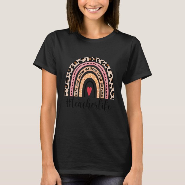 Lärare Life Boho Leopard Rainbow Teach Kärlek Insp T Shirt (Framsida)