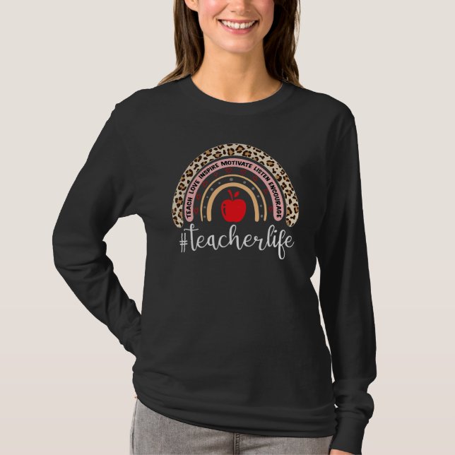 Lärare Life Leopard Boho Rainbow Teach Kärlek Insp T Shirt (Framsida)