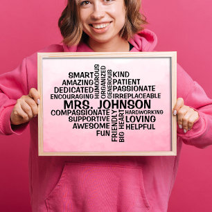 Lärare Ord Cloud Namn Rosa Ombre Poster