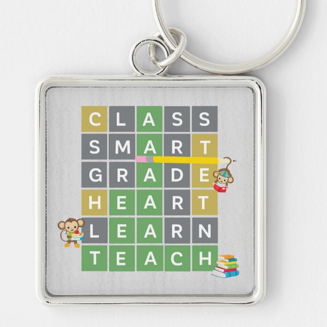 Lärare Ord Puzzle Game Reading Monkey Square Fyrkantig Silverfärgad Nyckelring (Framsidan)