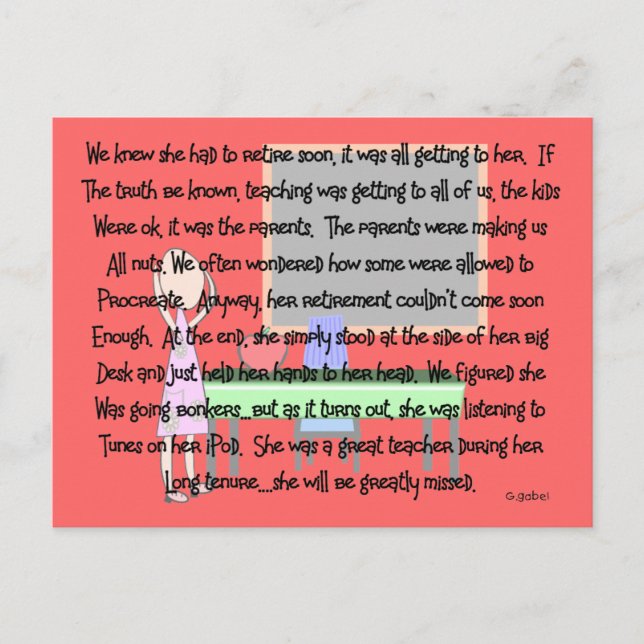 Lärare Pension "Borta bonkers" Story Art Gifts Vykort (Framsida)