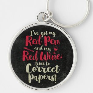 Lärare Red Pen Red Vin Rund Silverfärgad Nyckelring