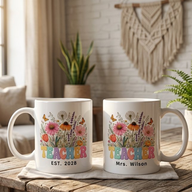 Lärare | Retro Blommig Anpassad Lärare Examen Kaffemugg (Custom Name Retro Floral Teacher Mug | Gift to Kindergarten Teacher | Gift to Future Educator)