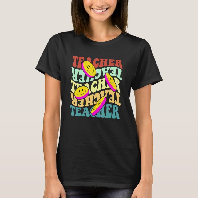 Lärare Retro Solros Smile Ansikte Back to school T Shirt (Framsida)
