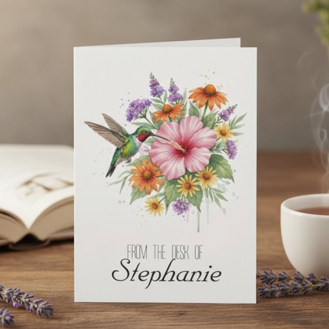 Lärare Tack Kolibri Botanisk Blomma Kort (Colorful hummingbird and hibiscus note card for a teacher — lovely thank you gift idea for her)