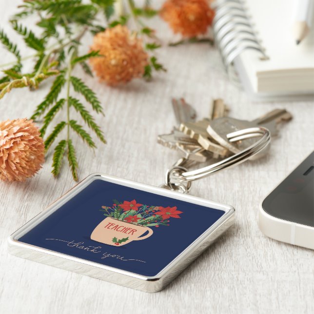 Lärare Tack vid jul Poinsettias Fyrkantig Silverfärgad Nyckelring (Sidan)