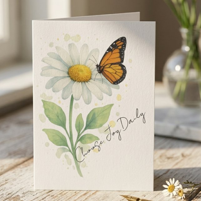 Lärare Tacksam Monarkfjäril Botanisk Tack Kort (Monarch butterfly and daisy "Choose Joy" card for a teacher — sweet graduation gift idea for her)