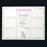 Lärare veckovis planner Cute Unicorn Poted Plant Anteckningsblock<br><div class="desc">Veckoplanering för personlig med lärarcitat. Planeraren har ett avsnitt för varje veckodag plus ett extra-avsnitt för anteckningar eller din lista att göra. Den här vattenfärgsdesignen har en söt enmajsgröt och en gräns av löv och grönsak. Läraren säger i centret: "Lärare som undervisar i kärlek, undervisar barn som kärlek" i dekorativ...</div>
