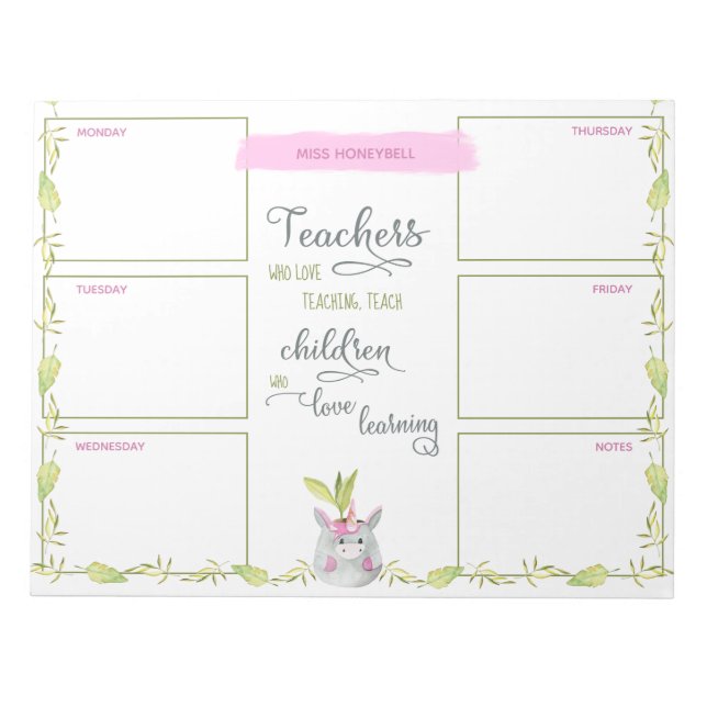 Lärare veckovis planner Cute Unicorn Poted Plant Anteckningsblock (Framsida)