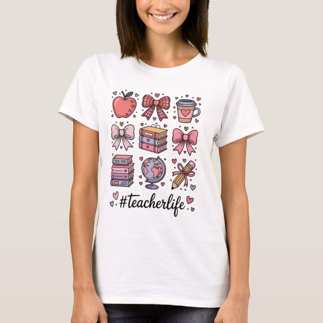 #LärareLiv Söt Rosa Coquette-båge Skolmaterial T Shirt (Framsida)