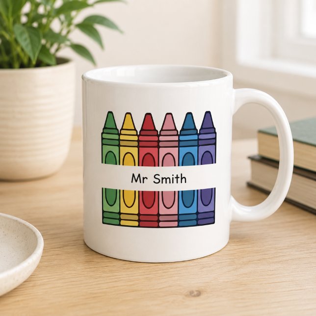 Lärarens färgglada kritasklåda delat namn klassrum kaffemugg (Skapare uppladdad)