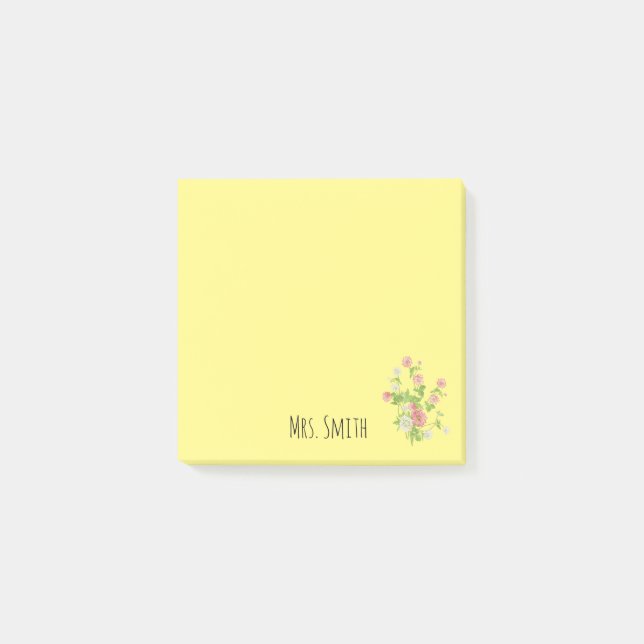 Lärarens namn gula blommönster monogram post-it block (Framsida)