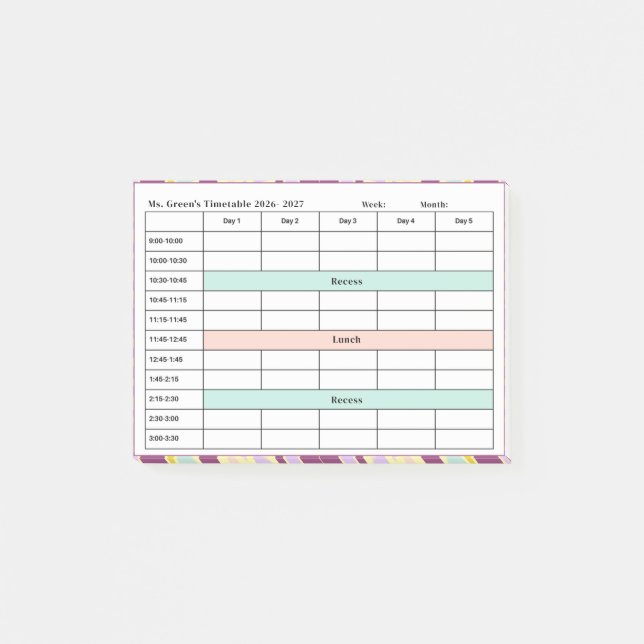 Lärares tidsschema 2026–2027 | Klassrums vecka Post-it Block (Framsida)