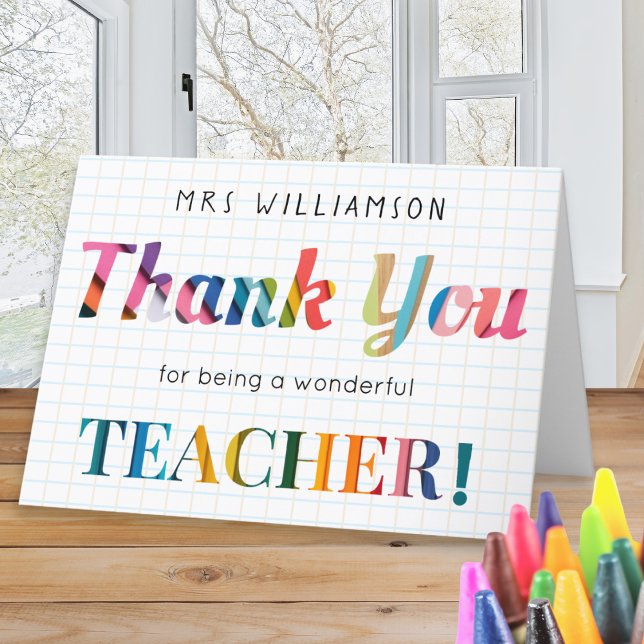 Lärarfärgat eget namn tack kort (A colorful card with 'Thank you for being a wonderful teacher' message, personalized with a name)