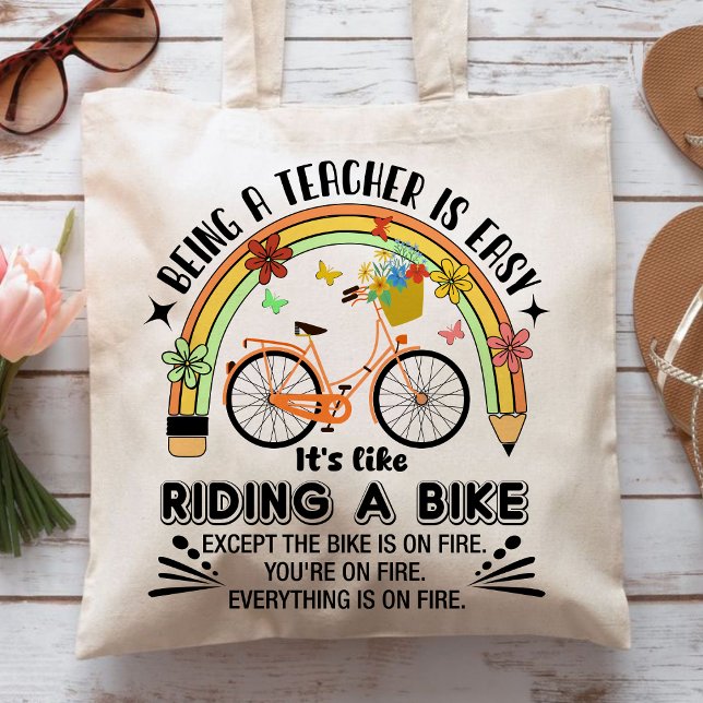 Lärarkänning för regnbåge, lustig lärare tygkasse (Being A Teacher is Easy, It's Like Riding A Bike tote bag, personalized teacher tote bag, teacher )