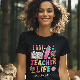 Lärarliv färgglatt retro citat t-shirt