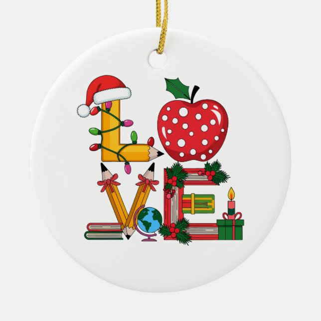 Lärarpresent | Kärlek Penn Apple Böcker Julgransprydnad Keramik (Framsidan)