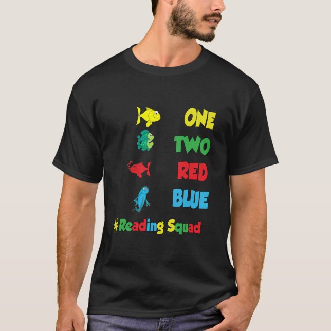 Lärarruta ett två röda blåa fiskar t shirt (Framsida)