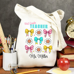 Lärarskola Cute Bow Pencil Smile Namn Tygkasse