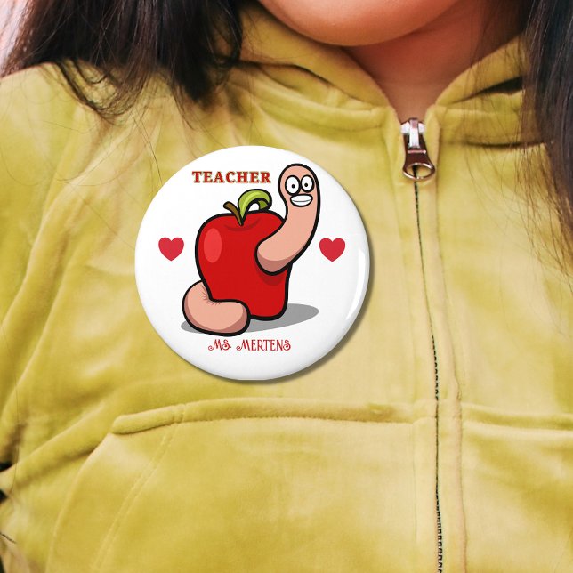 Läraruppskattning Mask i Apple Namn Pinback Knapp (Teacher Appreciation Worm in Apple Name Pinback Button)