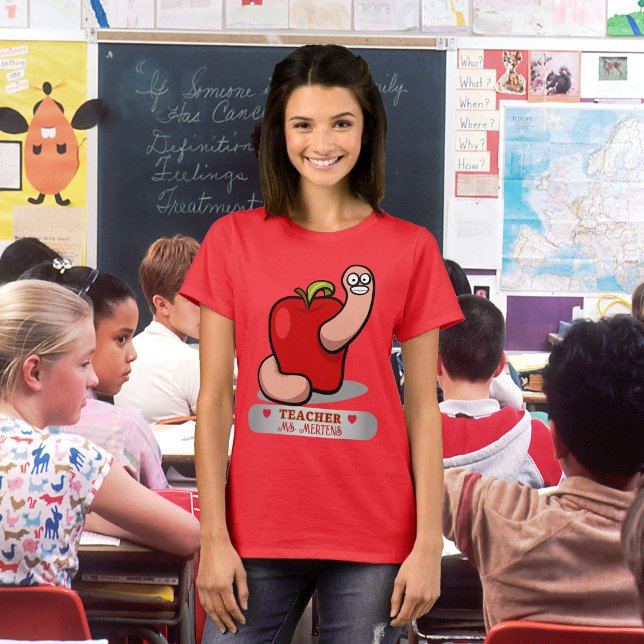 Läraruppskattning Mask i Apple Namn Women's T Shirt (Teacher Name Worm in Apple Appreciation Women's T-Shirt)
