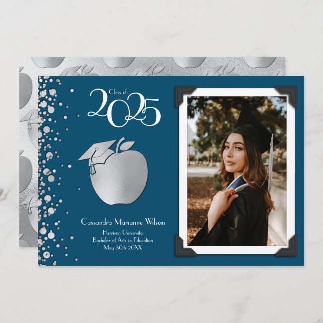 Lärarutbildning Silver marinblå marinblå Studenten Inbjudningar (Fram/baksida)