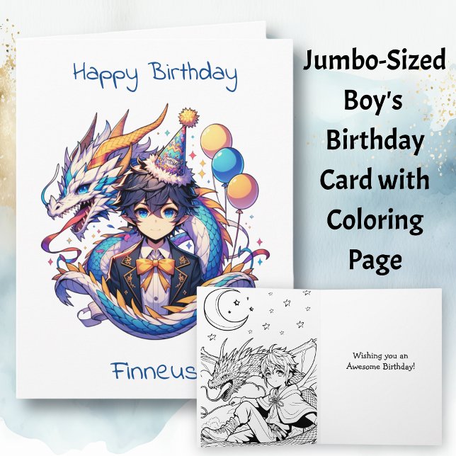 Large Anime Dragon Boy's Birthday | Färgsida Kort (Skapare uppladdad)