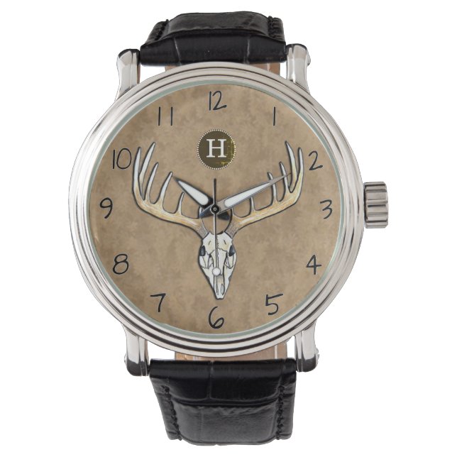 Large Antler Whitetail Hjort Skull Monogram Armbandsur (Framsida)