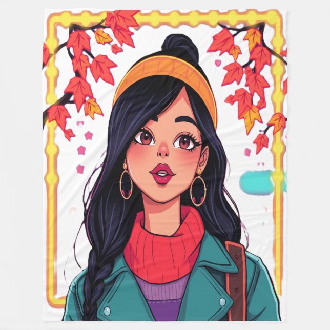 Large Autumn Girl Fleece Blanket – Cozy Oversized  (Framsidan)