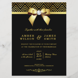 Large Black Guld Chevrons Diamond Bow Bröllop Inbjudningar