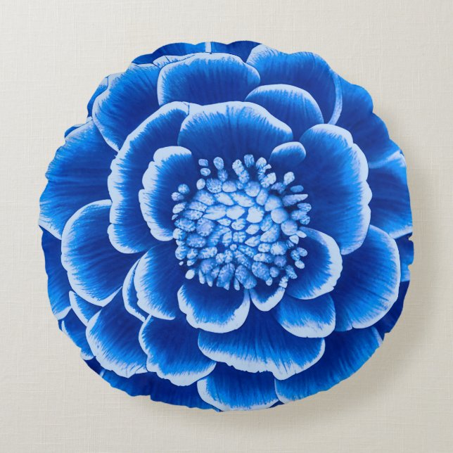 Large Blue Dahlia Flower Rund Kudde (Framsidan)
