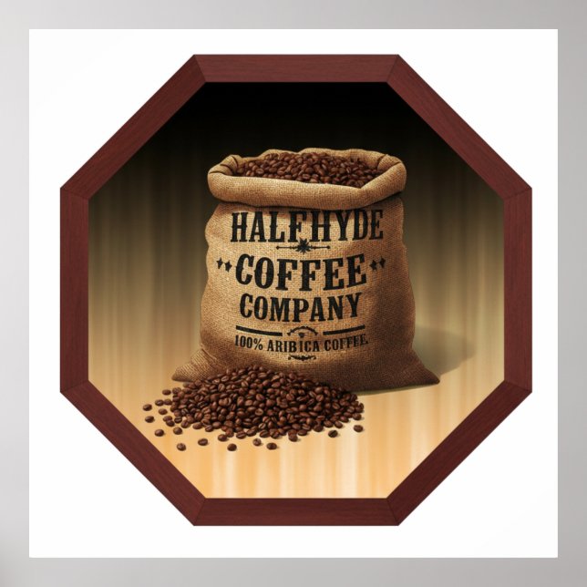 Large Burlap Bag With Label For Halfhyde Coffee Co Poster (Framsidan)
