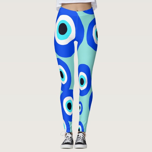 Large Evil Öga Lucky Charm Blue White Patterned Leggings (Framsida)