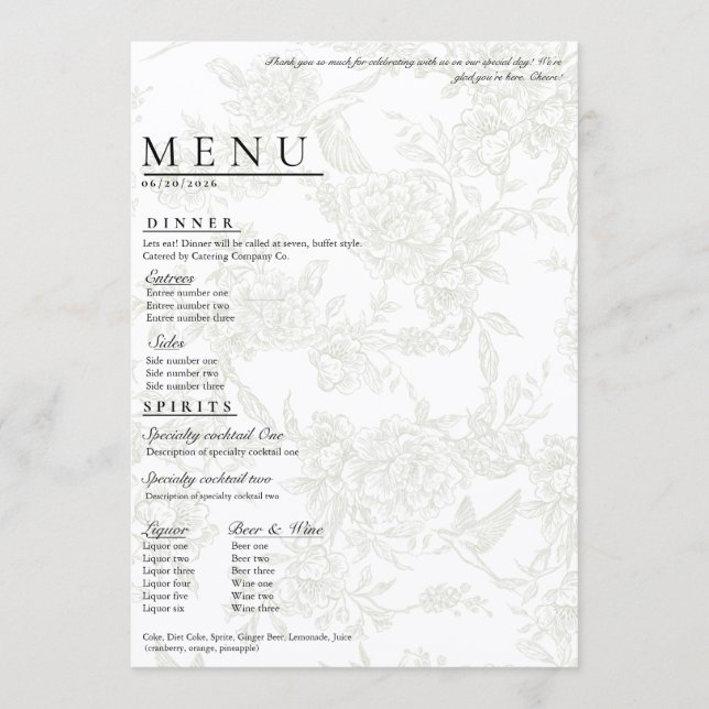 Large Floral Wedding Menu Meny (Framsida)