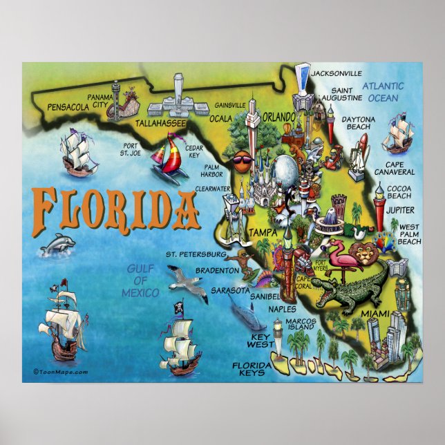 Large Florida Tecknad Karta Poster (Framsidan)