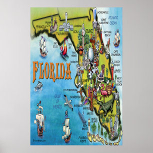 Large Florida Tecknad Karta Poster