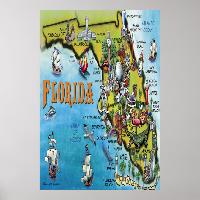 Large Florida Tecknad Karta Poster (Framsidan)