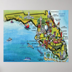Large Florida Tecknad Karta Poster