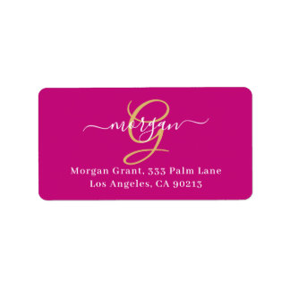 Large Gold Monogram, White Script Name, Fuchsia Adressetikett