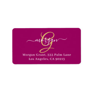 Large Gold Monogram, White Script Name, Maroon Adressetikett