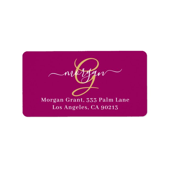 Large Gold Monogram, White Script Name, Maroon Adressetikett (Framsidan)