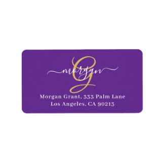 Large Gold Monogram, White Script Name, Purple Adressetikett