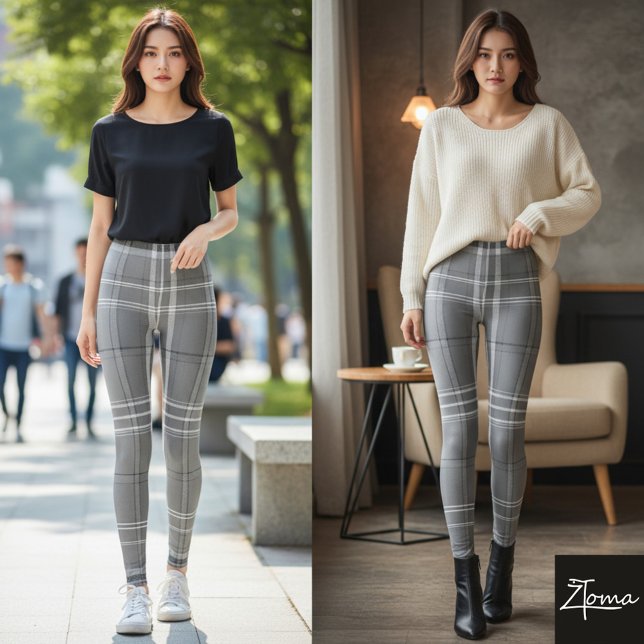 Large Grayscale White Line Tartan Plaid Leggings (Skapare uppladdad)