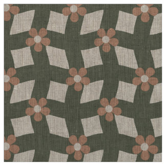 Large Olive Abstract Floral Grid - Natural Linen Tyg