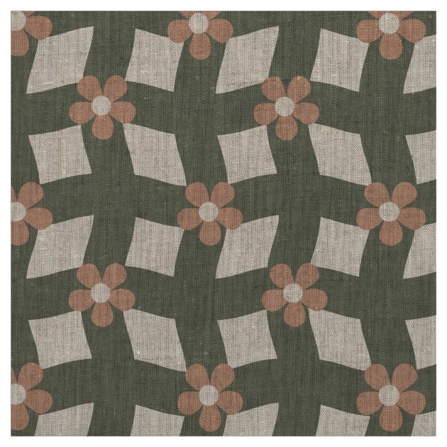 Large Olive Abstract Floral Grid - Natural Linen Tyg (Provkarta)