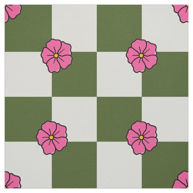 Large Olive Pink Floral Checkerboard Twill Tyg (Provkarta)