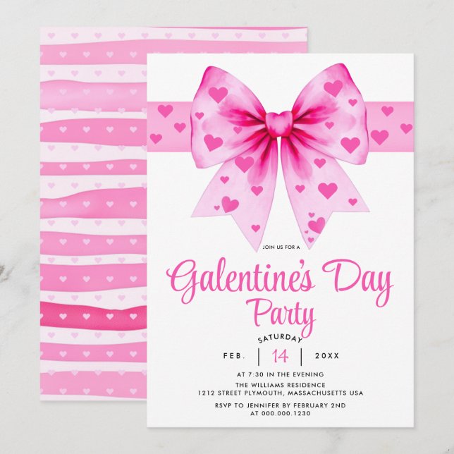 Large pink bow and hearts Galentine's Day party    Inbjudningar (Fram/baksida)