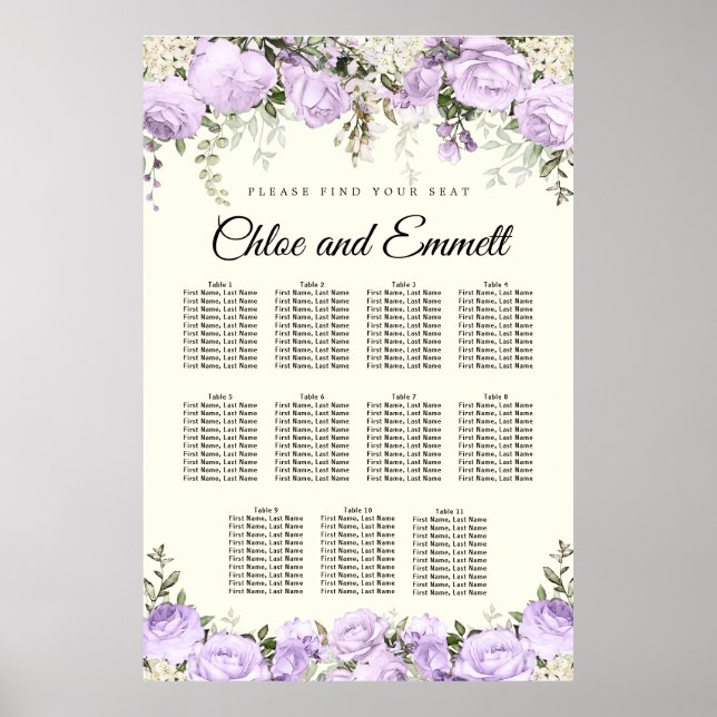 Large Purple Floral 11-Table Wedding Poster (Framsidan)