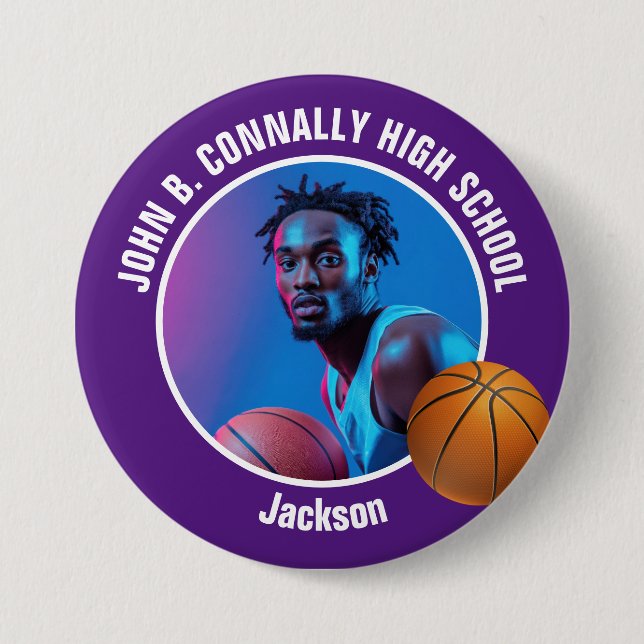 Large Purple High School Basketball Player Photo Knapp (Framsida)