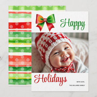 Large red, green bow and stripes Christmas photo Julkort